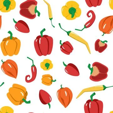 Bright seamless vector pattern of multicolored peppers. Stock Illustration
