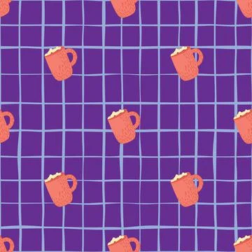 Bright seamless winter pattern with pink colored cocoa cup ornament. Purple c Stock Illustration
