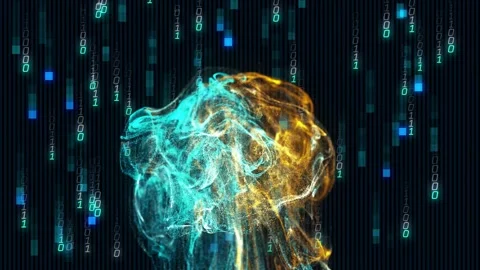Bright seed emerging starting teal-gold cloud growing strands showing data merge Stock Footage 329812423