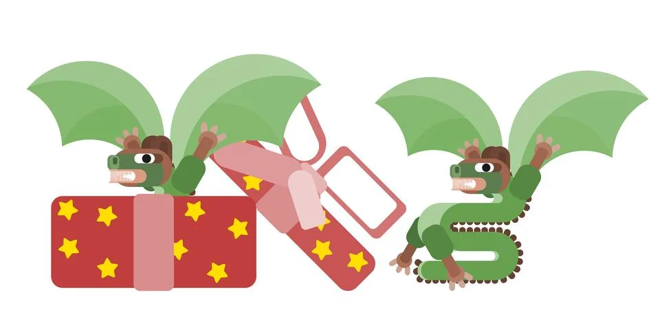 Bright selection of dragons in flat style drawing Stock Illustration