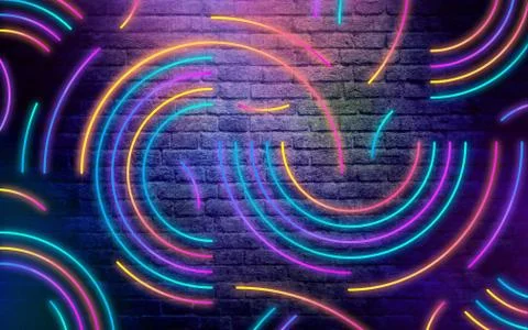 Bright semicircular multicolored neon lights on a black brick wall background Stock Illustration