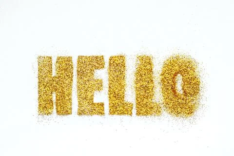 Bright sequins text on white background. hello Stock Photos