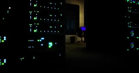 Bright server lights illuminate a dark room in a data center at night Stock Illustration