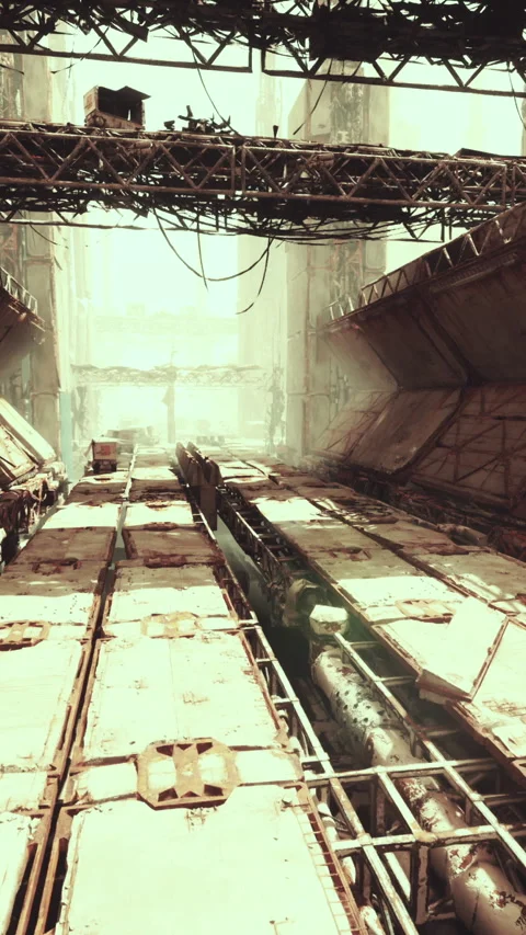 Bright service corridor featuring factory textures and city skyline beyond Stock Footage 326207914