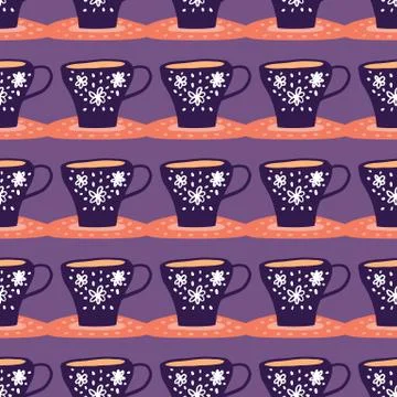 Bright serving seamless pattern with orange liquid and navy dark cup silhouet Stock Illustration