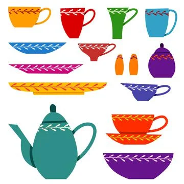 A bright set of ceramic tableware with a pattern. A collection for tea drinking Stock Illustration