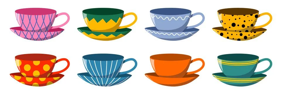 A bright set of ceramic tableware with a pattern. Collection for tea drinking. Stock Illustration