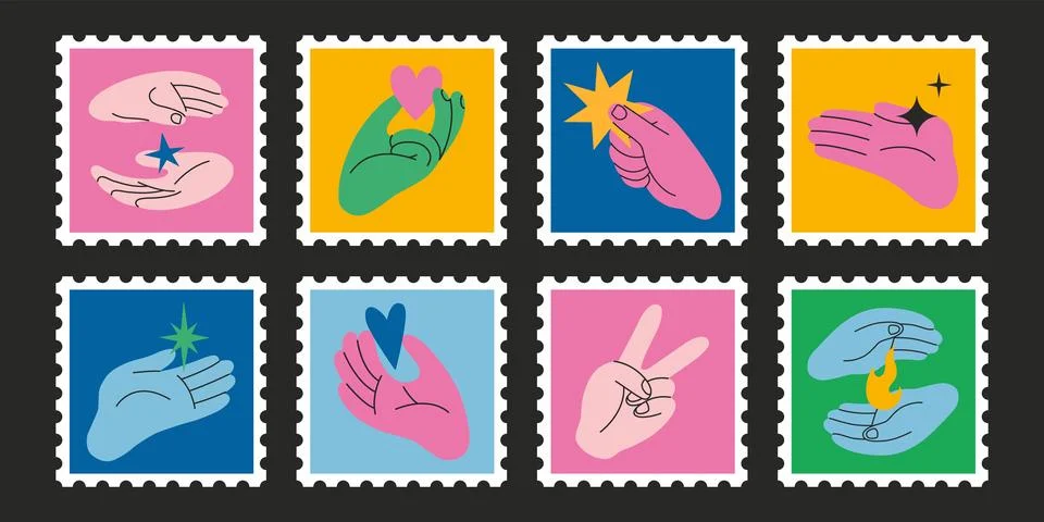 Bright Set of cute hand-drawn post stamps with Hands gestures. Gesturing hu.. Stock Illustration