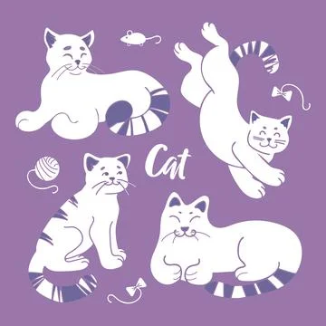 A bright set of cute white cats in different poses on a purple background. Pets Stock Illustration