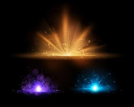Bright set of magic explosion vectors with light effects. Stock Illustration