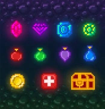 A bright set of pixel art elements for the game. Illustrazione stock