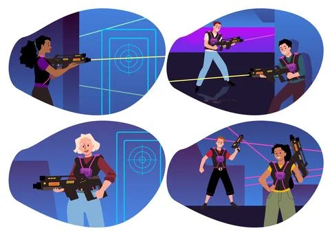 A bright set of sticker illustrations of characters playing laser tag. Illustrazione stock