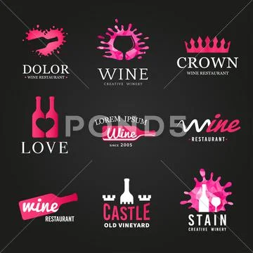 Bright set of wine bottle glass logo. Original winery sign design. Old vineyard Stock Illustration