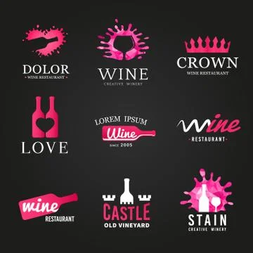 Bright set of wine bottle glass logo. Original winery sign design. Old vineyard Stock Illustration