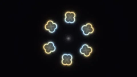 Bright shapes form a circular pattern against a dark Video stock 338226736