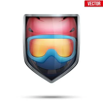 Bright shield in the ski helmet and goggles inside. Vector. 스톡 일러스트