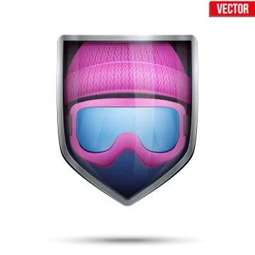 Bright shield in the winter cap and ski goggles inside. Vector. 스톡 일러스트
