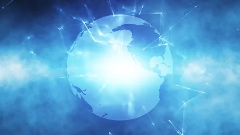 Bright shiny blue digital earth globe cyberspace network lines 動画素材 337364860