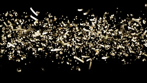 Bright shiny gold particles and streamers scatter across dark space 스톡 동영상 342136780