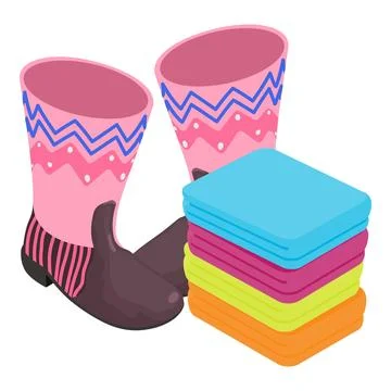 Bright shoes icon isometric vector. Pair pink boot and colorful underwear stack Stock Illustration