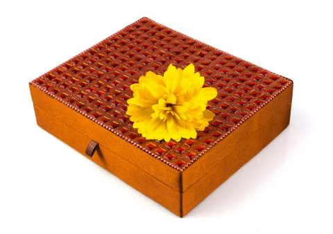 Bright simple brown box for make-up, jewelry, decorations with beautiful yell Stock Photos