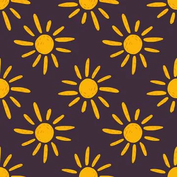 Bright simple geometric pattern with cartoon sun yellow ornament. Purple back Illustrazione stock