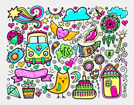 Bright sketch drawing doodle elements set, lovely collection 스톡 일러스트