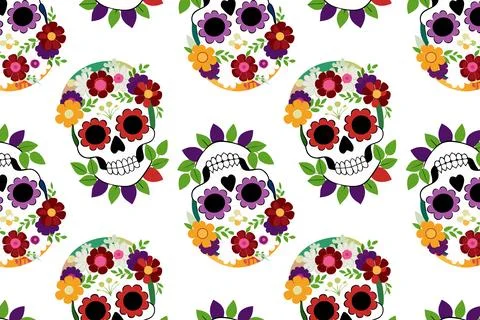 Bright skull pattern with floral elements, vector background for Halloween Stock Illustration