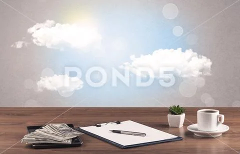 Bright sky with clouds and office desk Stock Photos