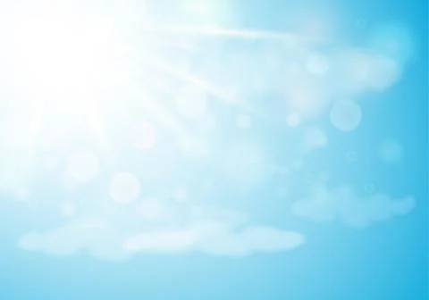Bright sky with clouds and sun rays. Nature background. Vector illustration. Stock Illustration