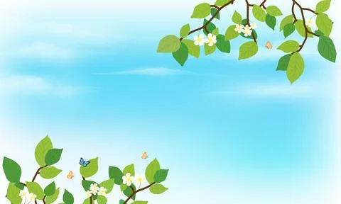 Bright Sky &amp; Fresh Spring Foliage with Butterflies Stock Illustration
