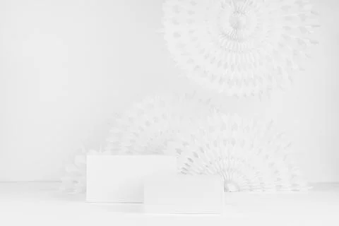 Bright soft light white abstract stage with two rectangle stands mockup with  Stock Photos