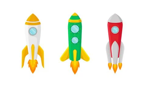 Bright Space Rocket Launching or Starting Up Vector Set Stockillustratie