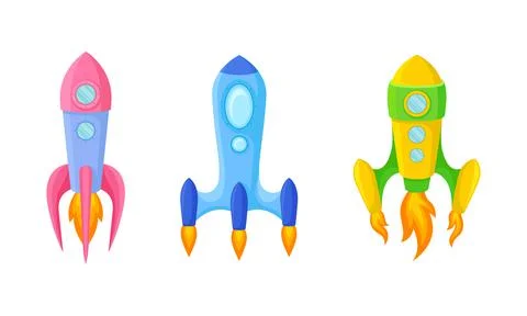 Bright Space Rocket Launching or Starting Up Vector Set Illustrazione stock