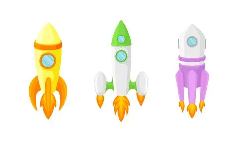Bright Space Rocket Launching or Starting Up Vector Set Illustrazione stock