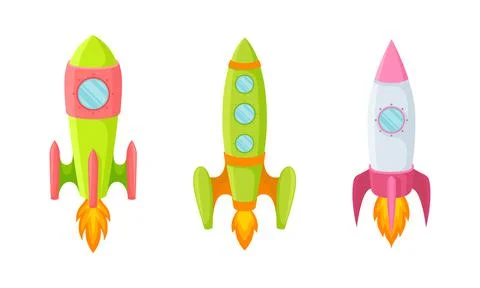 Bright Space Rocket Launching or Starting Up Vector Set Illustrazione stock