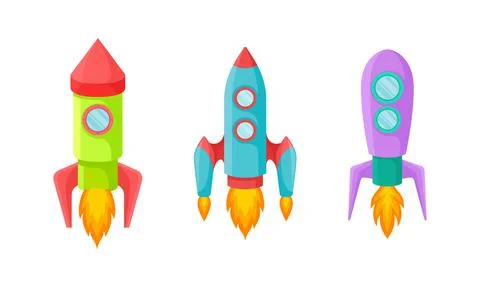 Bright Space Rocket Launching or Starting Up Vector Set Illustrazione stock