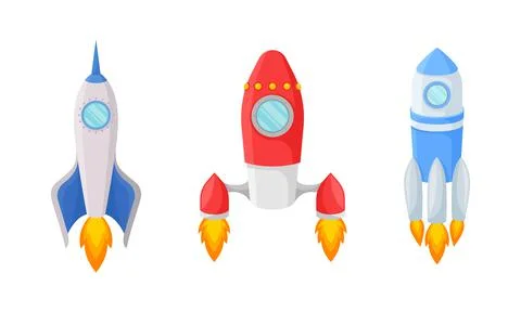 Bright Space Rocket Launching or Starting Up Vector Set Illustrazione stock