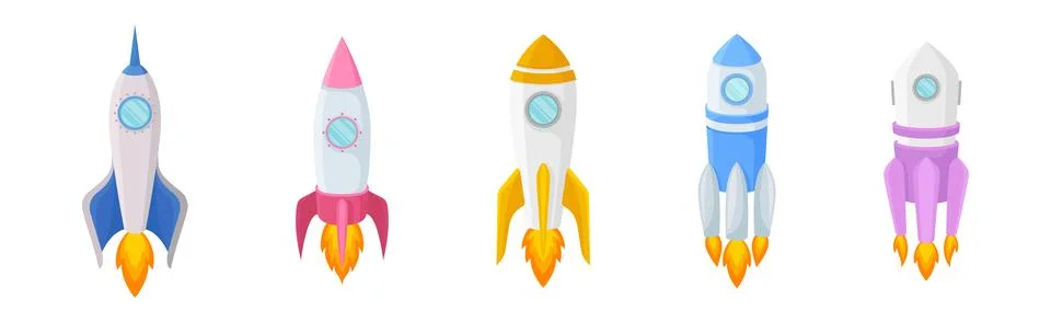 Bright Space Rocket Launching or Starting Up Vector Set Illustrazione stock