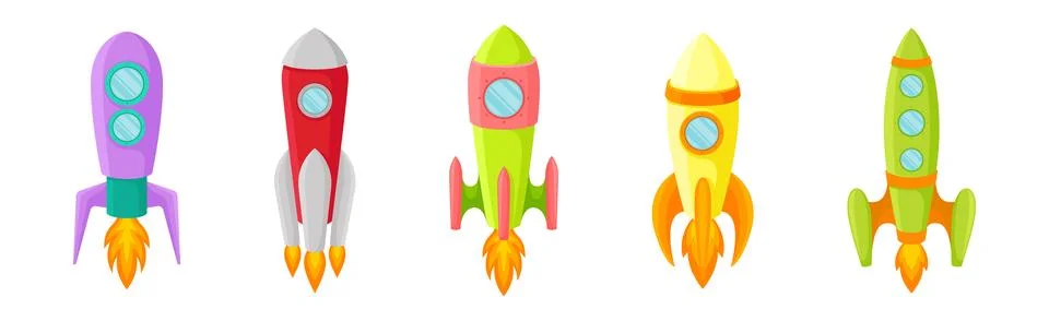 Bright Space Rocket Launching or Starting Up Vector Set Illustrazione stock