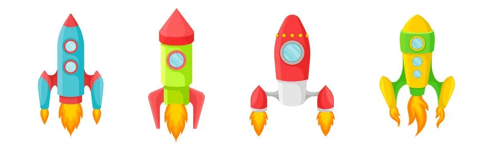 Bright Space Rocket Launching or Starting Up Vector Set Illustrazione stock