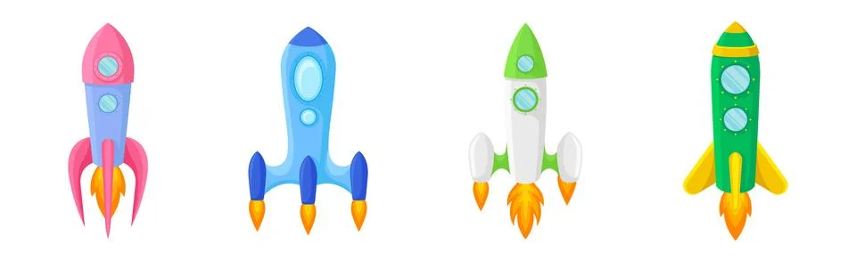 Bright Space Rocket Launching or Starting Up Vector Set Illustrazione stock