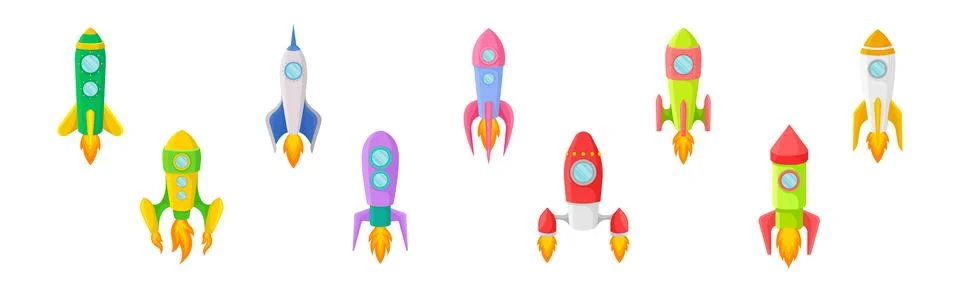 Bright Space Rocket Launching or Starting Up Vector Set Illustrazione stock