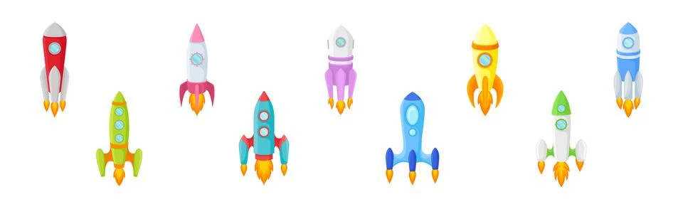 Bright Space Rocket Launching or Starting Up Vector Set Stockillustratie