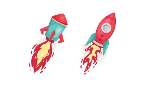 Bright Space Rocket with Reactive Booster Vector Set Illustrazione stock