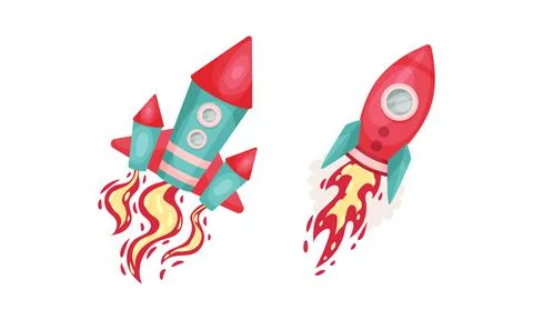 Bright Space Rocket with Reactive Booster Vector Set Stock Illustration