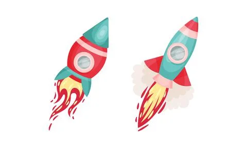 Bright Space Rocket with Reactive Booster Vector Set Stock Illustration