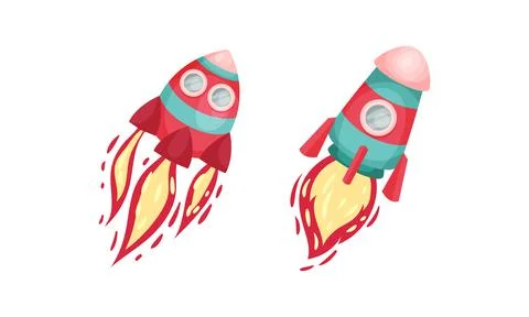 Bright Space Rocket with Reactive Booster Vector Set 스톡 일러스트