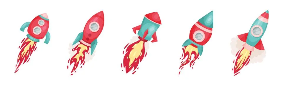 Bright Space Rocket with Reactive Booster Vector Set 스톡 일러스트