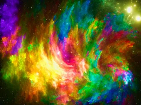 Bright space theme background - colorful strokes and stars - 3d illustration Stock Illustration